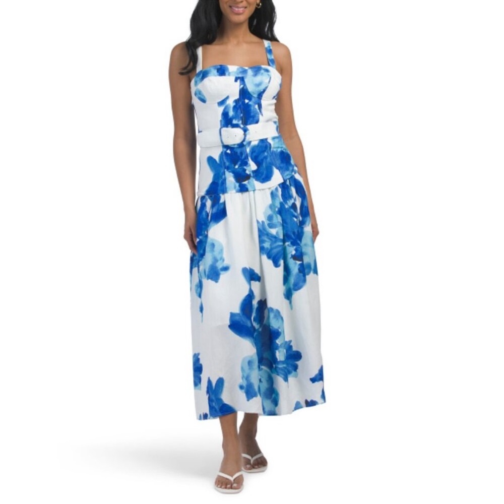 Nicholas Dress Lidia Midi Bustier Linen in Thalia Blue Floral Size 10 New